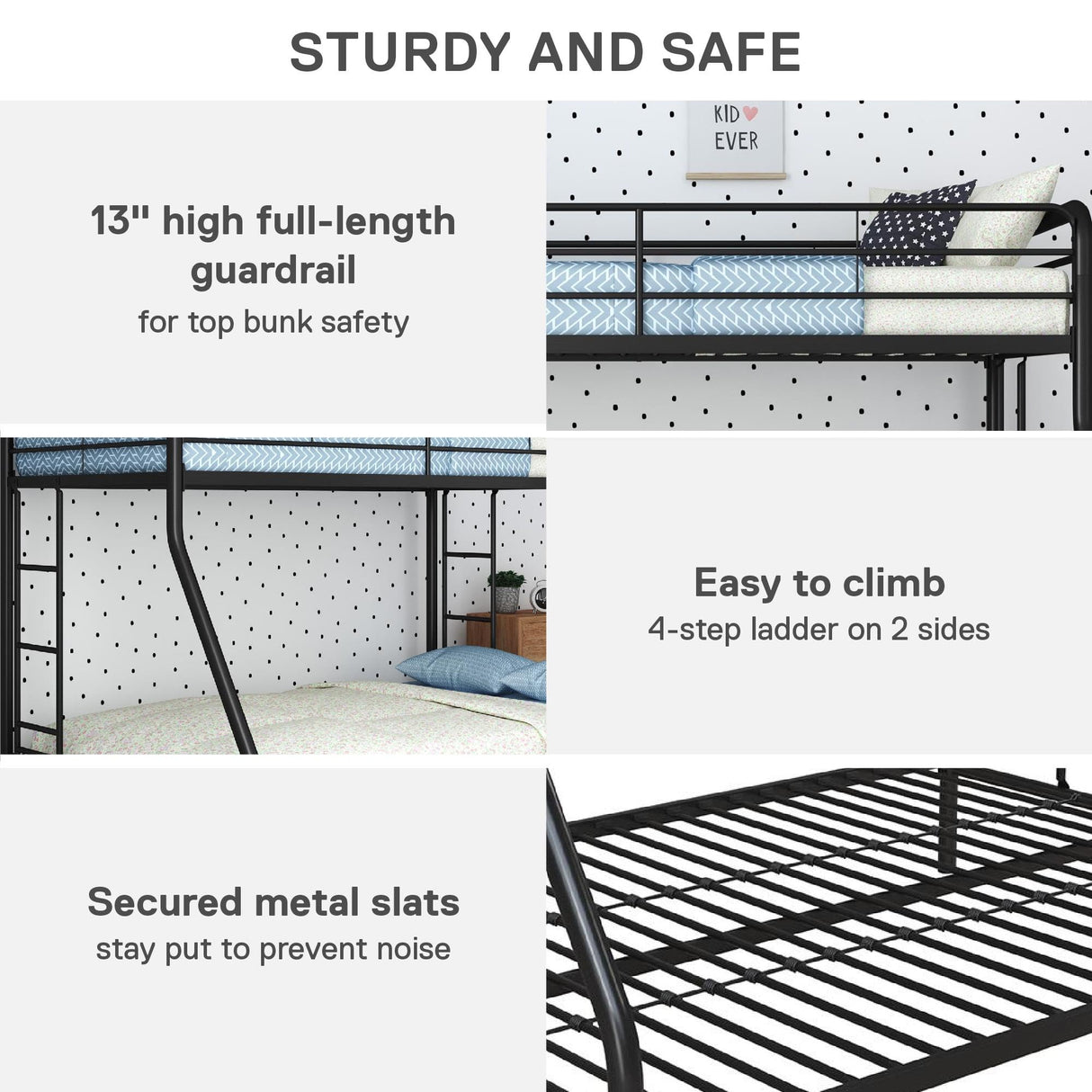 DHP Dusty Metal Bunk Bed Frame for Kids, Teens, and Adults, With Angled Ladder, High Full Length Guardrail, Smooth Rounded Edges, No Boxspring Required, For Small Spaces, Twin-Over-Full, Black DHP