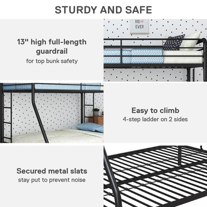 DHP Dusty Metal Bunk Bed Frame for Kids, Teens, and Adults, With Angled Ladder, High Full Length Guardrail, Smooth Rounded Edges, No Boxspring Required, For Small Spaces, Twin-Over-Full, Black