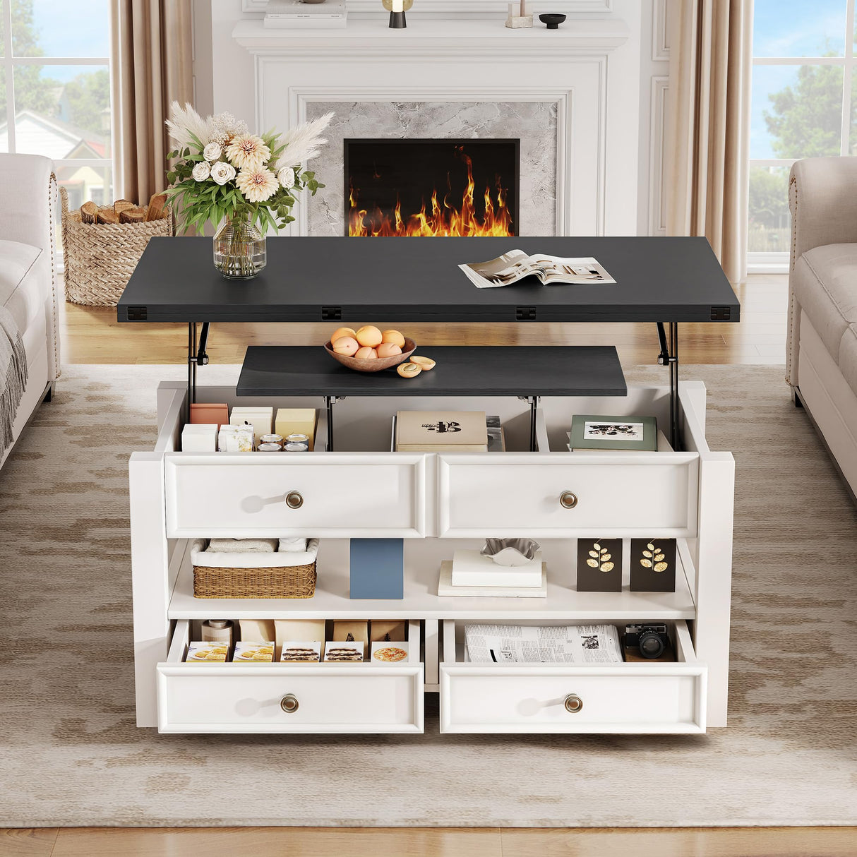 YITAHOME Coffee Table Lift Top, Multi-Function Convertible Coffee Table with Drawers and Hidden Compartment, Converts to Dining Table for Living Room YITAHOME