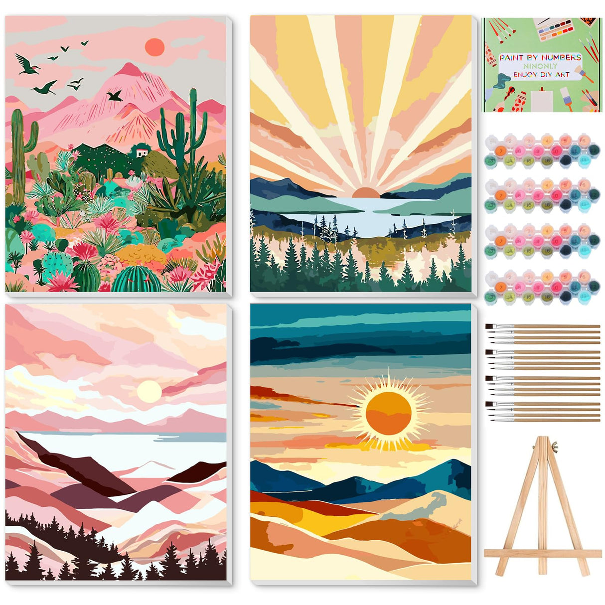 Ninonly 4 Pack Paint by Number for Adults Framed Canvas, Sunset Arts for Adults Beginner with Wooden Easel, Paint Brushes, Acrylic Paint Set for Home Wall Decor, 9 * 12 Inch Ninonly