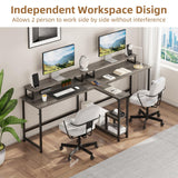 Mexin Two Person Desk-83.7 Inch Double Computer Desk with Monitor Stand and Power Outlets, Office Desk with Storage Shelves, Long Workstation Desk for Home Office, Gray Oak Mexin