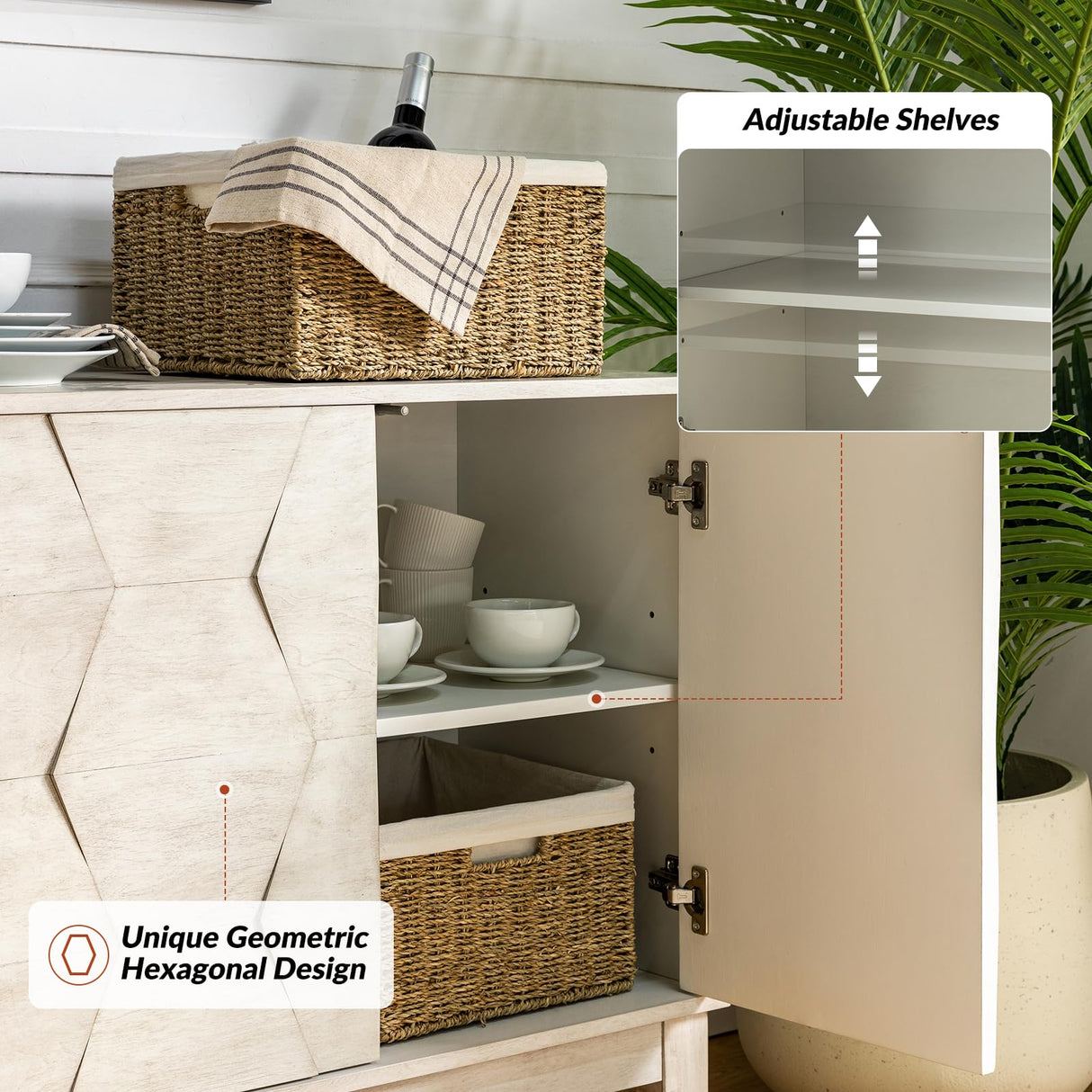 HULALA HOME Mid Century Sideboard Buffet Cabinet with Solid Wood Legs, 60" Kitchen Storage Cabinet Credenza with 4 Doors and 2 Shelves, Accent Console Table, White HULALA HOME