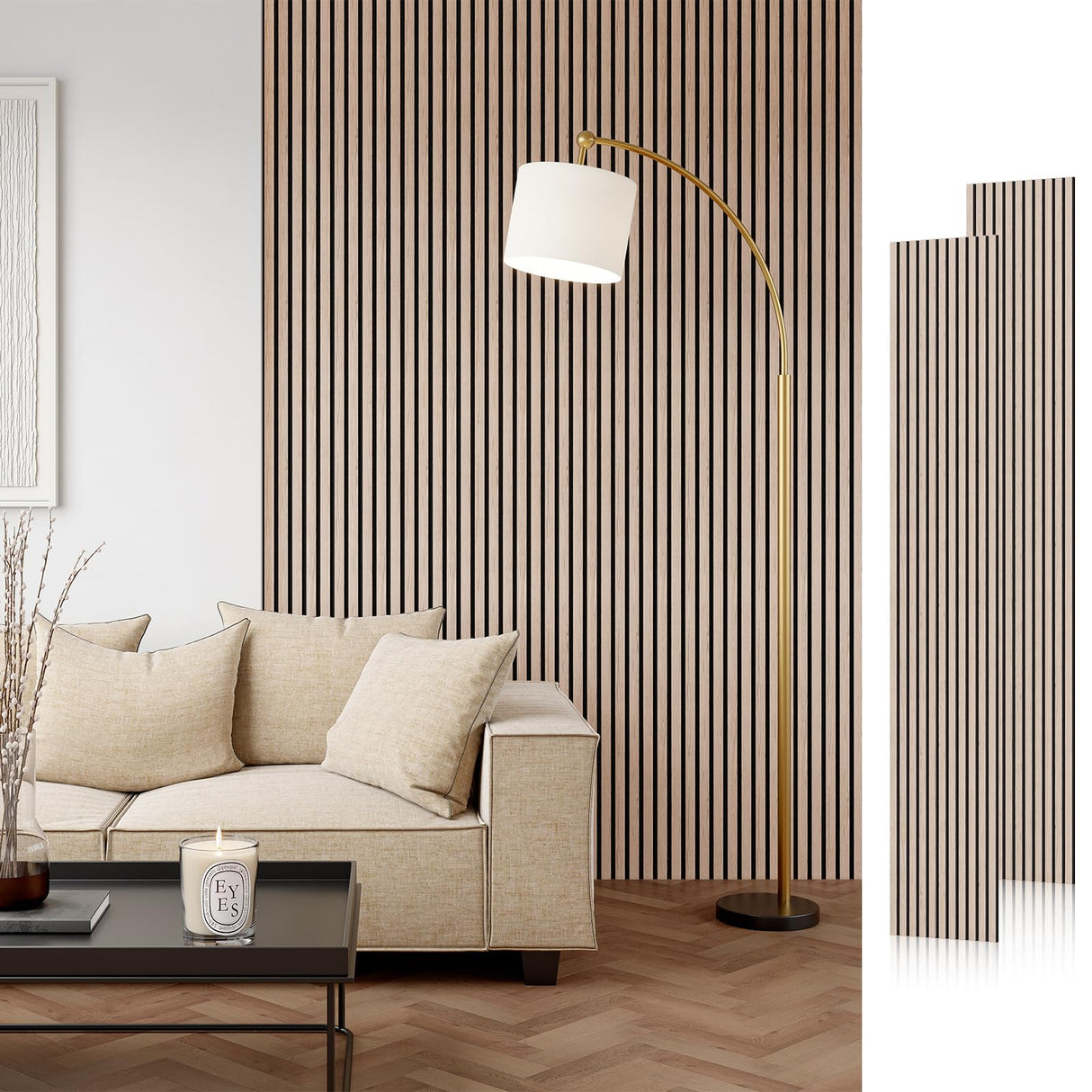 Wood Slat Acoustic Panels, 106" x 12.6" Each Soundpoof Wooden Slat Wall Panel - Walnut, 2 Pack SMARTSTANDARD