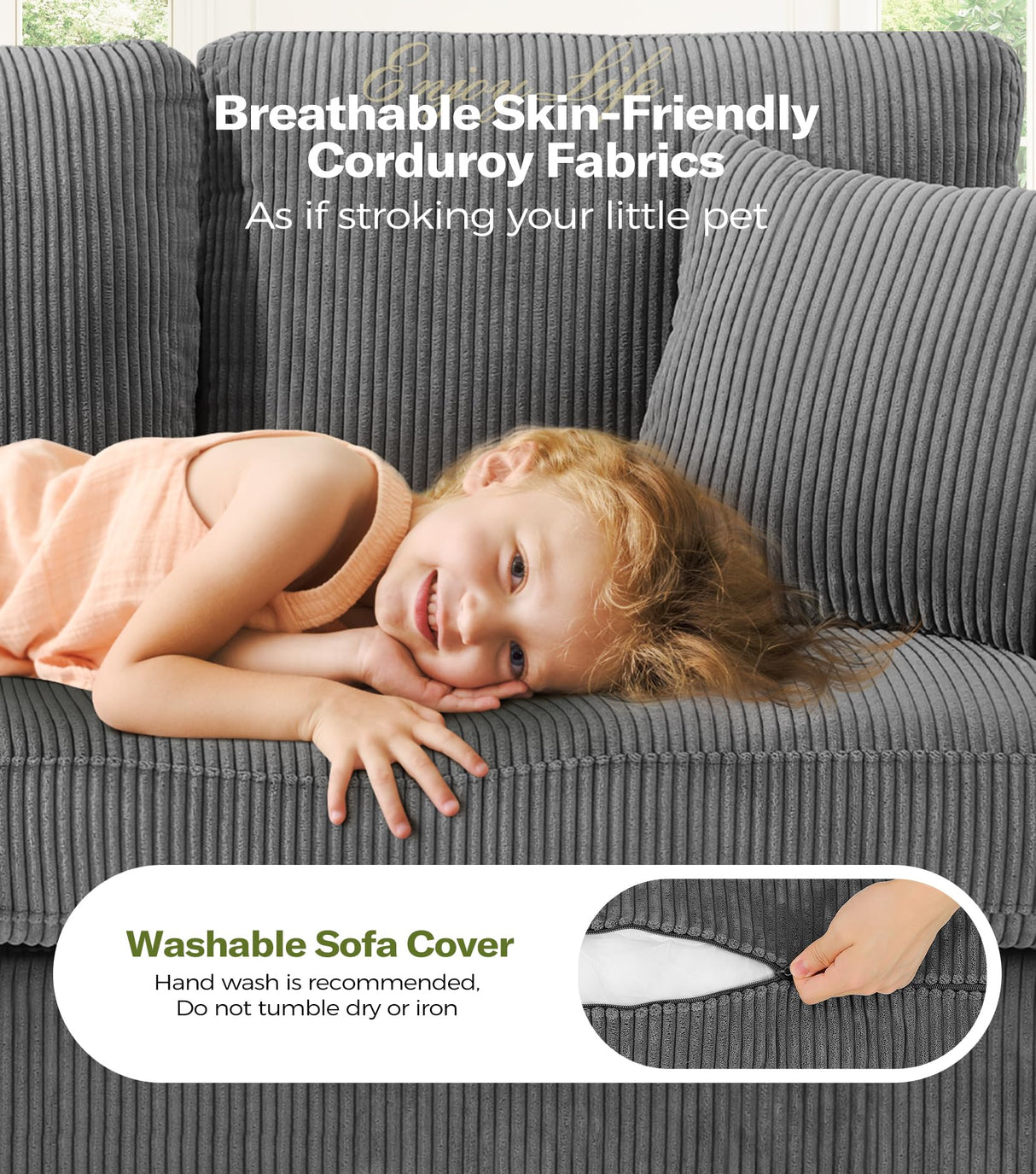 Kidirect 87in Corduroy Couch, Sofas for Living Room No Tool Assembly, Comfy Couches for Living Room 21in Deep Seats, Oversized Loveseat Sofa with 2 Pillows, 3 Seater Couch for Bedroom,Grey Sofa Kidirect