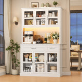 FINETONES 71" Pantry Cabinet with LED Light and Charging Station, Storage Cabinet with Microwave Stand, Kitchen Pantry Hutch Cupboard with Glass Doors and Shelves, White FINETONES