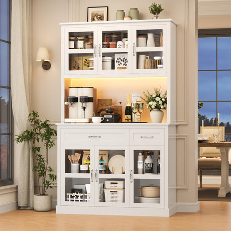 FINETONES 71" Pantry Cabinet with LED Light and Charging Station, Storage Cabinet with Microwave Stand, Kitchen Pantry Hutch Cupboard with Glass Doors and Shelves, White FINETONES