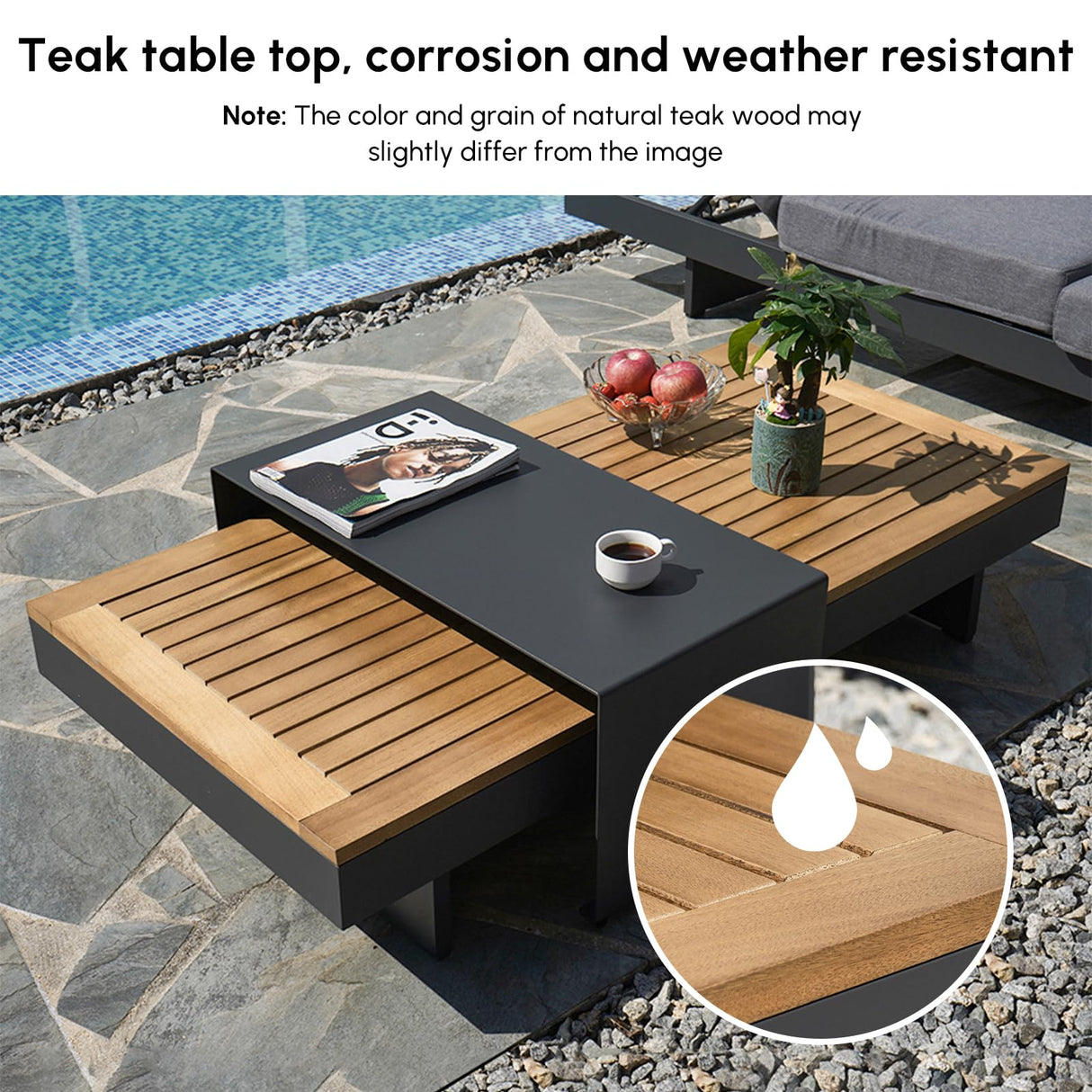 homary 6 Piece Aluminum & Teak Outdoor Sofa Set, Patio Conversation Sets Modular Outdoor Sofa with Fire Pit, Glass Wind Guard Ideal for Patios & Balconies homary