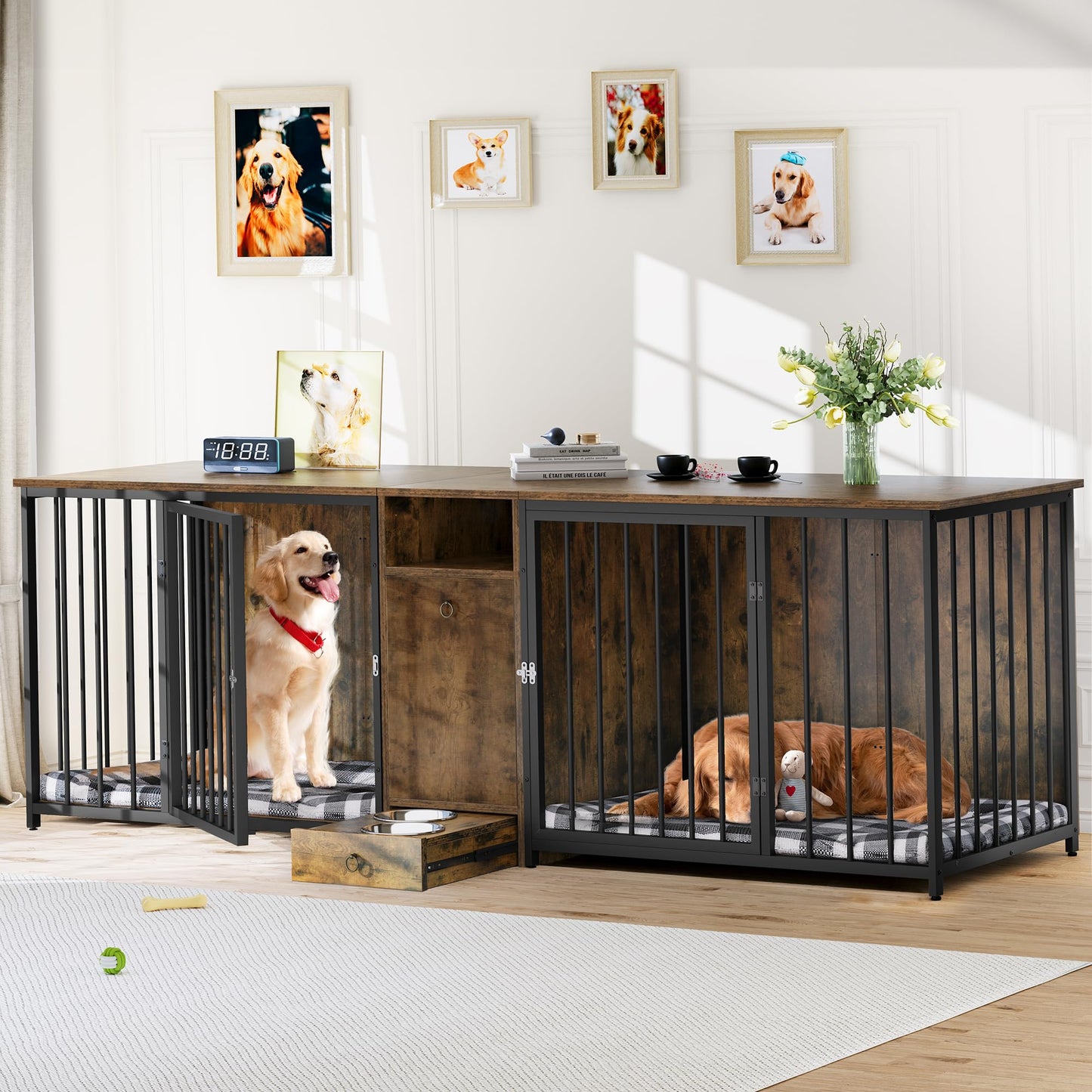 YITAHOME 94.5" Large Dog Crate Furniture with Feeder Bowls, Dog Crate Furniture Large Breed TV Stand with Room Divider and Drawer, Wooden Dog Kennel Furniture for 2 Large/Medium Dogs, Brown - WoodArtSupply