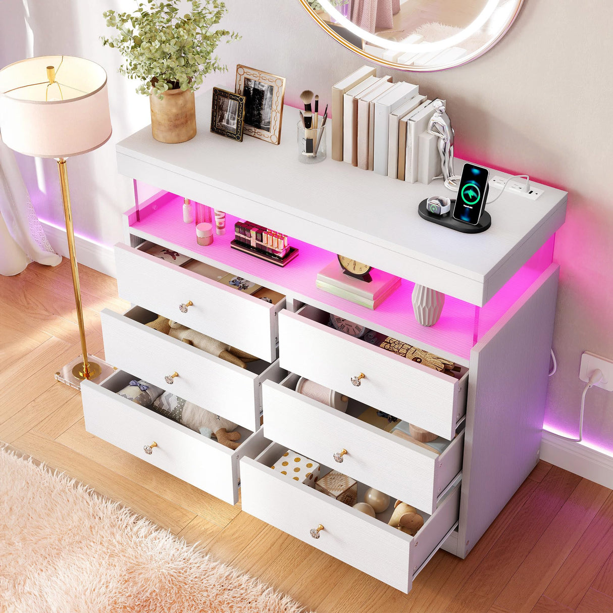 YITAHOME 6 Drawer Dressers with LED Lights and with Charging Station, Wood Dressers Chests of Drawers, Modern Dresser with Open Shelf Storage for Room, Entryway, Hallway, White YITAHOME