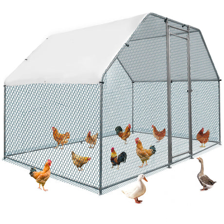 VINGLI Large Chicken Coop, Metal Poultry Cage for Chicken Run, Walk-in Flat-roof Chicken Pen with Waterproof & Anti-UV Cover Outdoor (6.5×9.8×6.5 ft) VINGLI