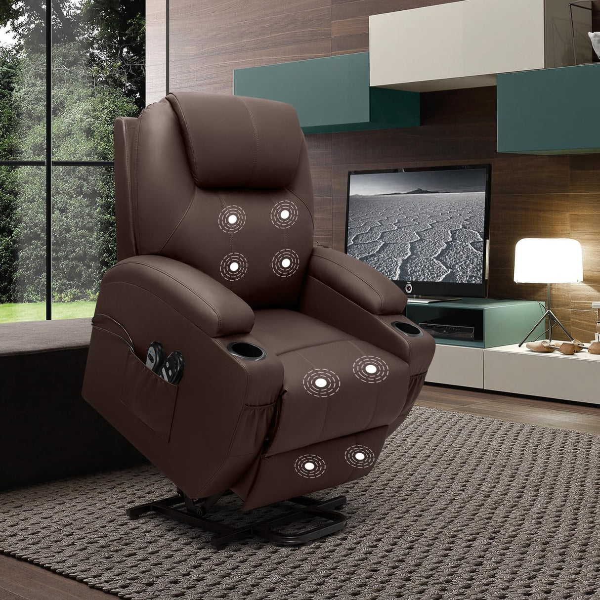 VICTONE Electric Power Lift Recliner Chair for Elderly Reclining Sofa for Living Room with Massage, Side Pockets and Cup Holders (Leather, Brown) VICTONE