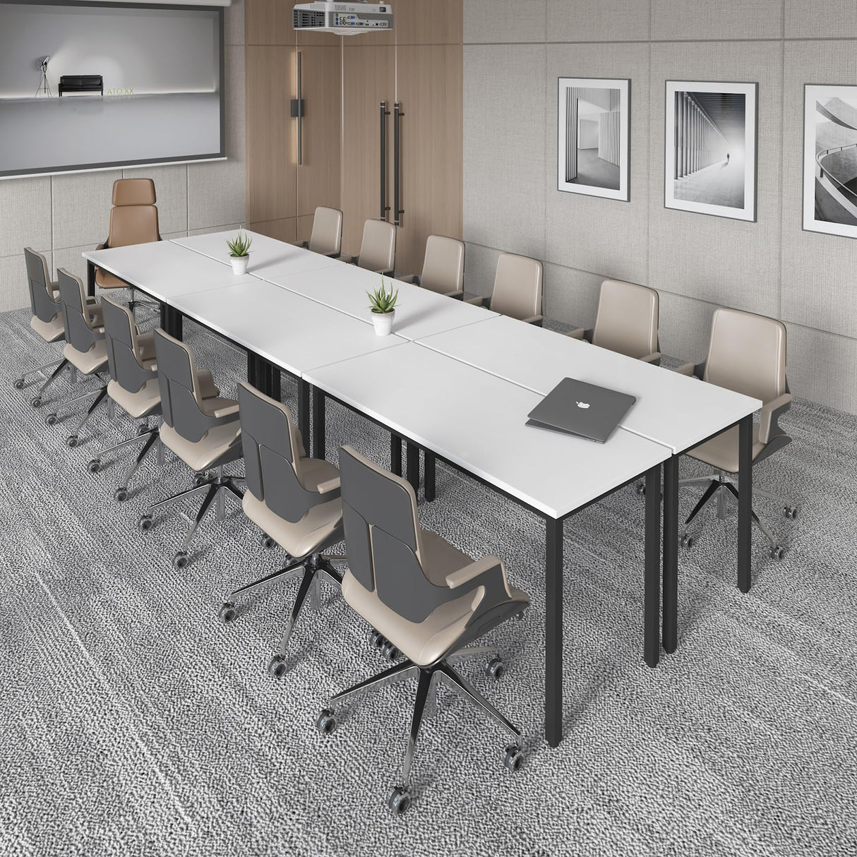 Bonzy Home Conference Tables 12ft Office Computer Desk for Meeting Room Study Writing Printer Table Save Space Design for 14 People 6PCS 141.6"x47.2"x29.5", White Bonzy Home