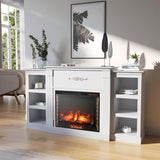 BELLEZE Modern 70" Electric Fireplace Heater Mantel TV Stand & Media Entertainment Center for TVs up to 68" with Energy-Efficient Heater With Sound and Side Book Shelves - Lenore (White) BELLEZE
