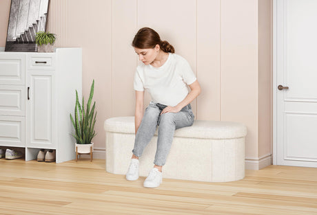 PINPLUS Storage Ottoman Bench Tufted Oval Ottomans Bench Foot Rest, Toy Chest Box Velvet Bench with Storage, 43"x15"x15" (White) PINPLUS