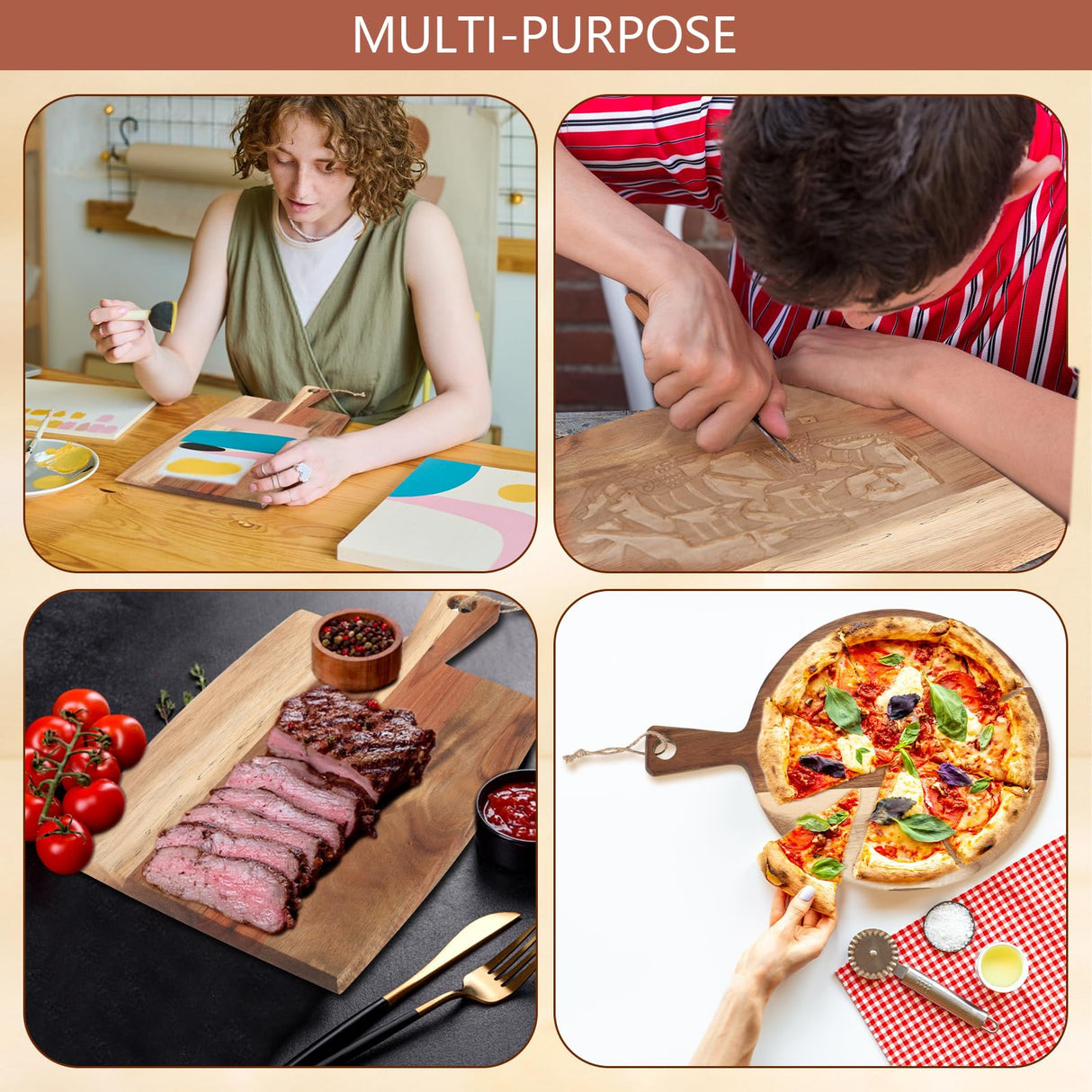 Hsei 2 Pcs Acacia Wood Cutting Board with Handle Wooden Charcuterie Board Large Paddle Carving Chopping Board Set Butter Board Serving Tray for Cheese Meat Fruit Pizza Bread Baking (16x12, 17x10inch) Hsei