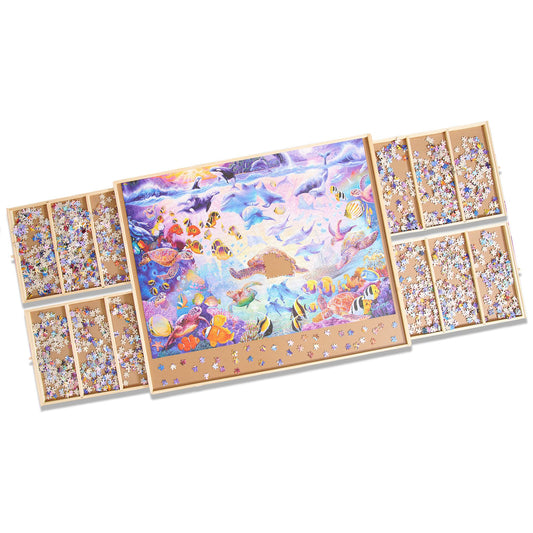 Buffalo Games - Wood Puzzle Table - Jumbo Size Fits Up to 2000pc Jigsaw Puzzles - Storage Drawers with Dividers for Pieces - Preassembled Except Drawer Handles - WoodArtSupply