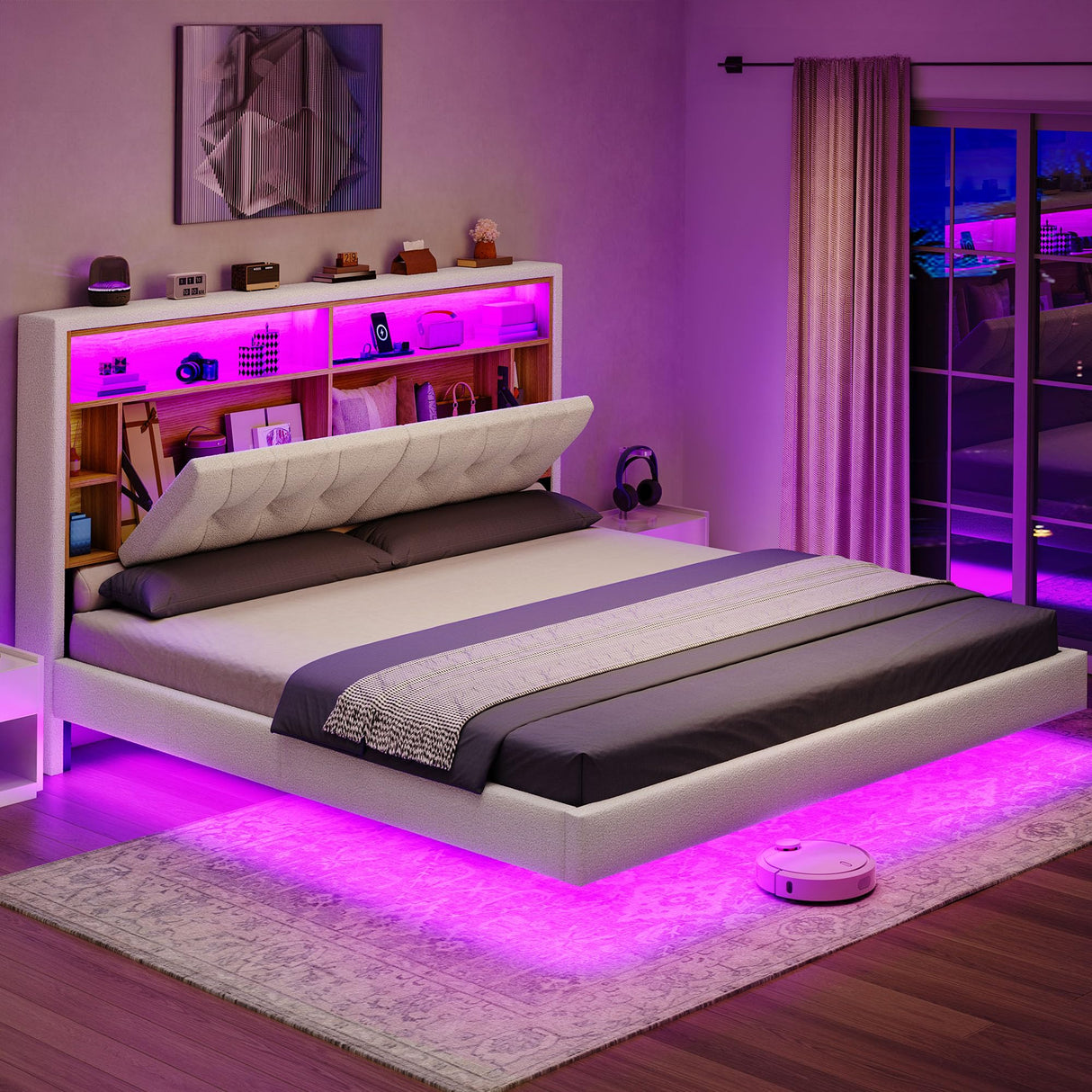 DWVO King Size Floating Bed Frame with RGB LED Lights, Bookcase Storage Headboard Beds with Charging Station, Upholstered Platform with Heavy Duty Wood Slat, No Box Spring Needed, Beige DWVO