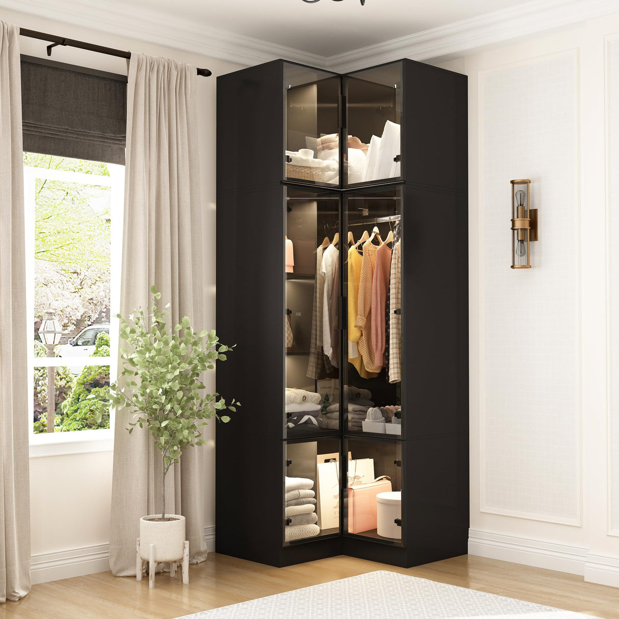 Homsee 94.5" H Corner Armoire Wardrobe Closet with Hanging Rod, LED Lights & Tempered Glass Doors, L-Shape Cloth Storage Cabinet with Top Cubes & Adjustable Shelves for Bedroom, Black Homsee