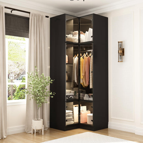 Homsee 94.5" H Corner Armoire Wardrobe Closet with Hanging Rod, LED Lights & Tempered Glass Doors, L-Shape Cloth Storage Cabinet with Top Cubes & Adjustable Shelves for Bedroom, Black Homsee