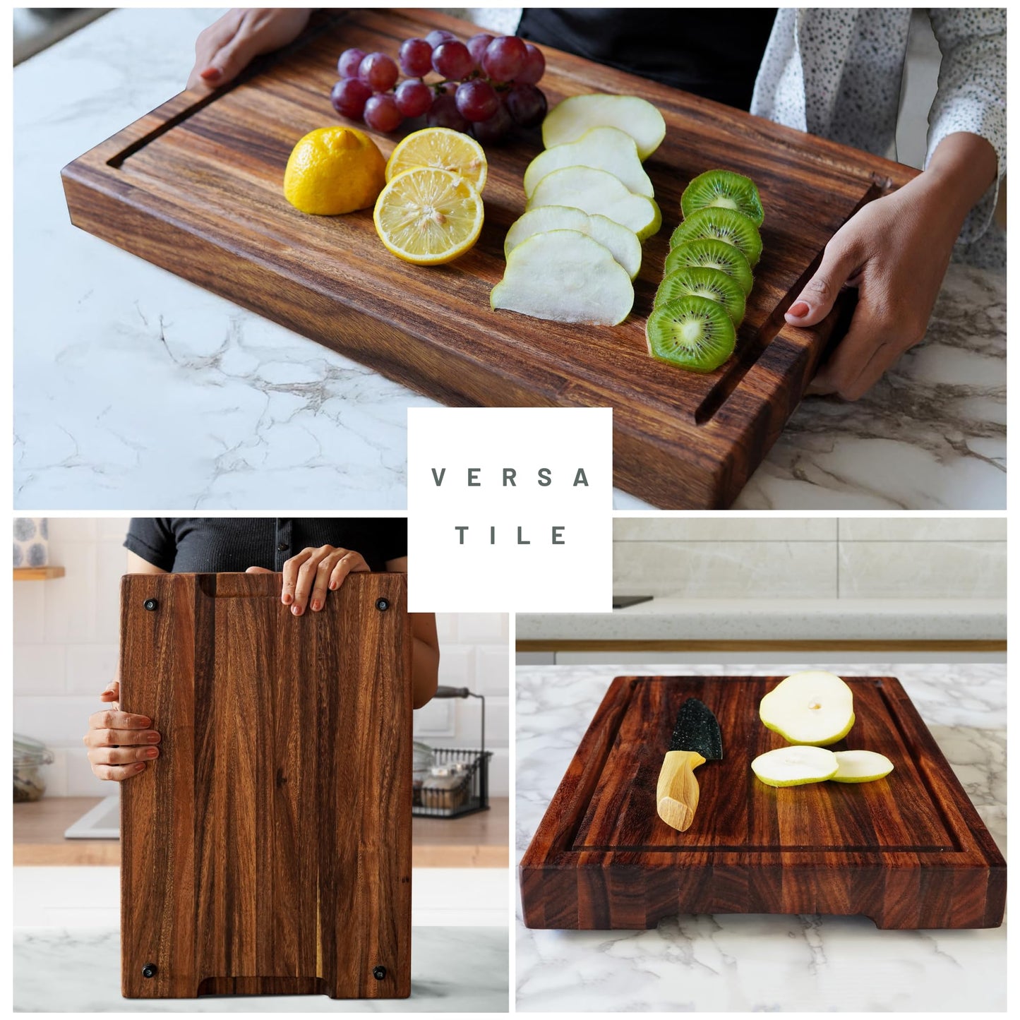 Shumaru 2-Inch Thick Large Butcher Block Cutting Board – 18.8" x 12.3" Made of Premium Tropical Walnut | Non-Slip Feet, Juice Groove & Handles