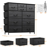 YaFiti Dresser for Bedroom with 10 Drawers, Chest of Drawers with Side Pockets, Hooks, Wooden Top and Sturdy Metal Frame, Fabric Dresser Drawers for Living Room, Hallway (Black Wood Veins) YaFiti