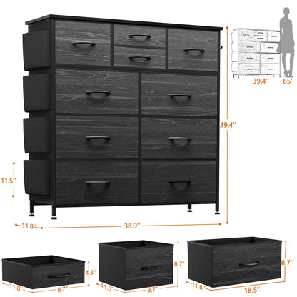 YaFiti Dresser for Bedroom with 10 Drawers, Chest of Drawers with Side Pockets, Hooks, Wooden Top and Sturdy Metal Frame, Fabric Dresser Drawers for Living Room, Hallway (Black Wood Veins) - WoodArtSupply