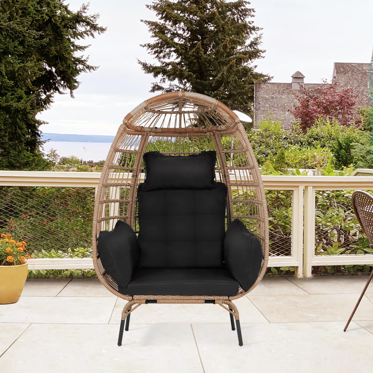 PayLessHere Egg Chair Egg Basket Rattan Chair Steel Frame Oversized Indoor Outdoor Lounger Simple Installation with 4 Comfort Cushion and Stand,352lb Capacity for Patio Garden Living Room，Black PayLessHere
