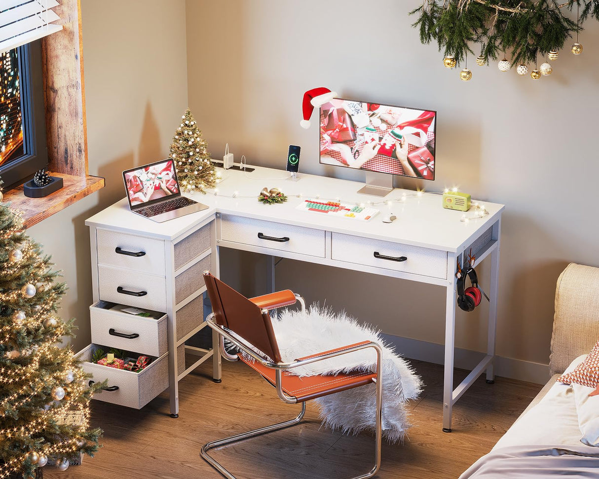 Coleshome 42 Inch L Shaped Desk with Drawers, Computer Desk with Power Outlets, Home Office Desk with 6 Drawers, Reversible Corner Desk for Small Space, Study Work Table with Hook, White Coleshome