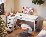 Coleshome 42 Inch L Shaped Desk with Drawers, Computer Desk with Power Outlets, Home Office Desk with 6 Drawers, Reversible Corner Desk for Small Space, Study Work Table with Hook, White Coleshome