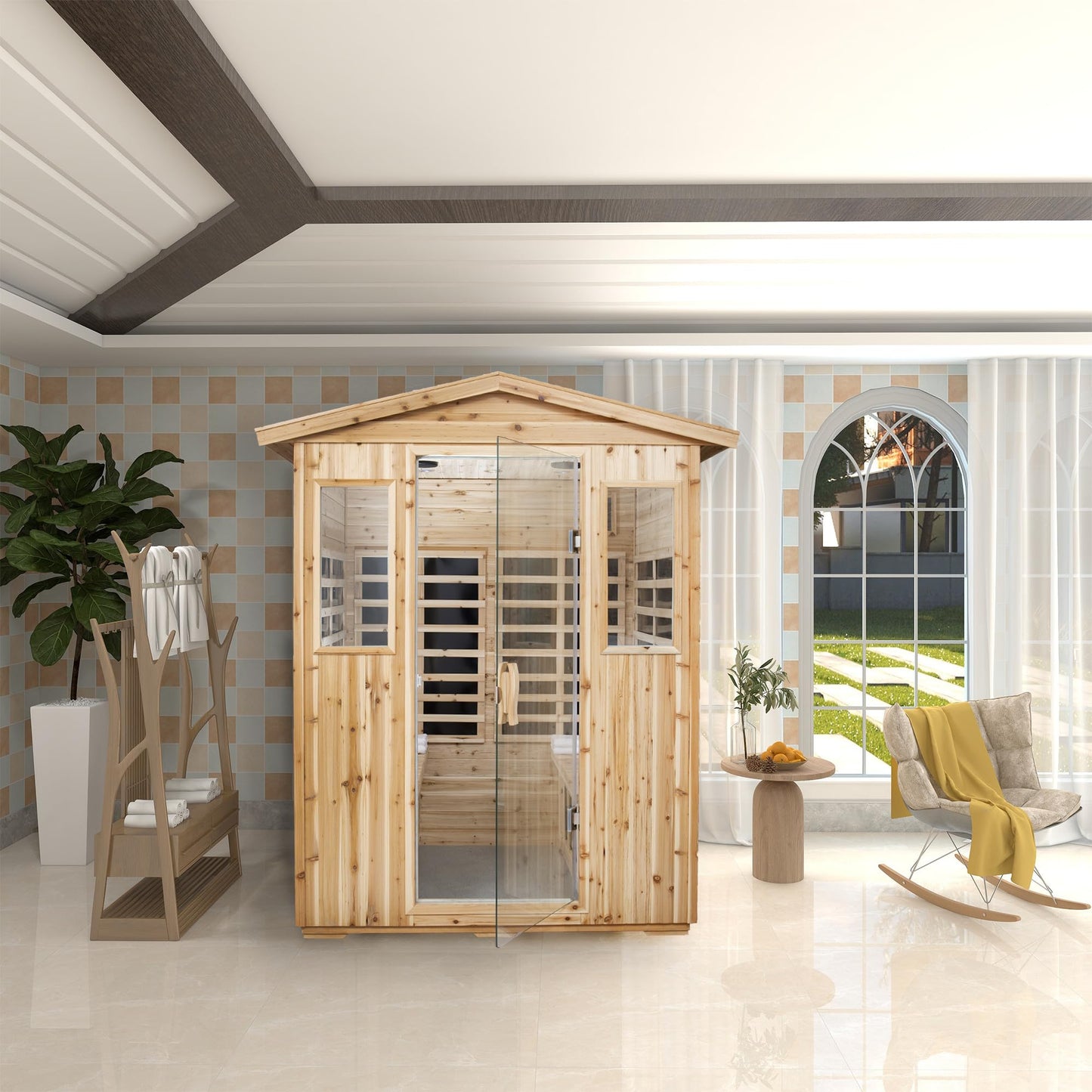 WEALTHOME Outdoor Sauna for 4 Person,Applicable Indoors and Outdoors. Far Infrared Sauna 8 Low EMF Heaters, Wooden Sauna Room 2050 Watt, Old Chinese Fir, Chromotherapy, Bluetooth Speaker, LCD, LED