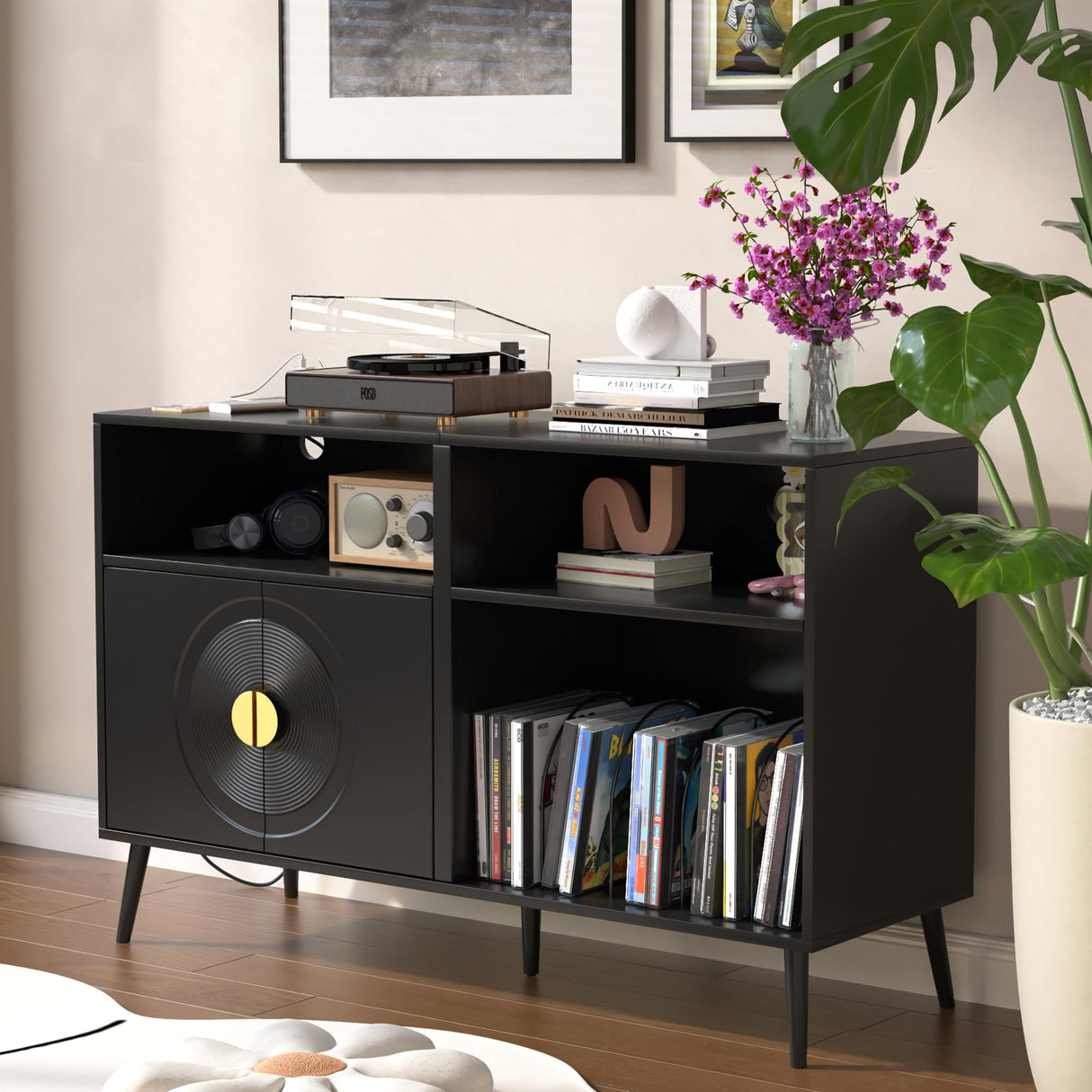 Large Record Player Stand, Record Table Cabinet with Power Outlet, Modern Vinyl Record Storage Cabinet with Wood Legs for Bedroom, Living Room, Office (Black) Athuiline