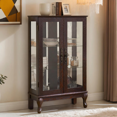 44"H Lighted Glass Display Cabinet with Glass Doors, Wooden Curio Cabinet with 3 Adjustable Shelves, Mirrored Back Panel, Arched China Cabinet for Living Room, Light Bulb Included (Dark Cherry) Eyisean