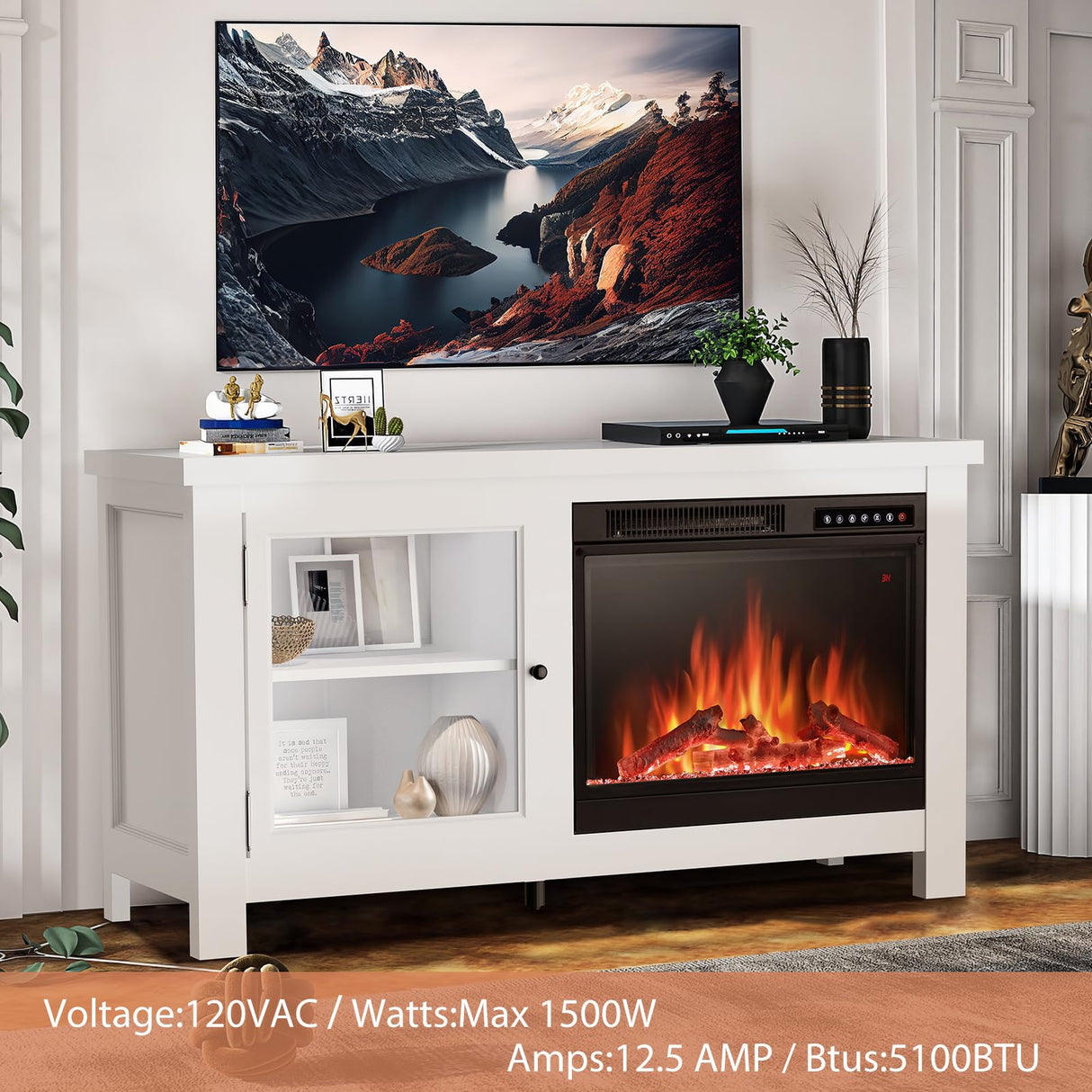 JAMFLY Electric Fireplace TV Stand Wood Mantel for TV Up to 48", Media Entertainment Center Fireplace Console Cabinet w/Storage Bin, Remote Control JAMFLY