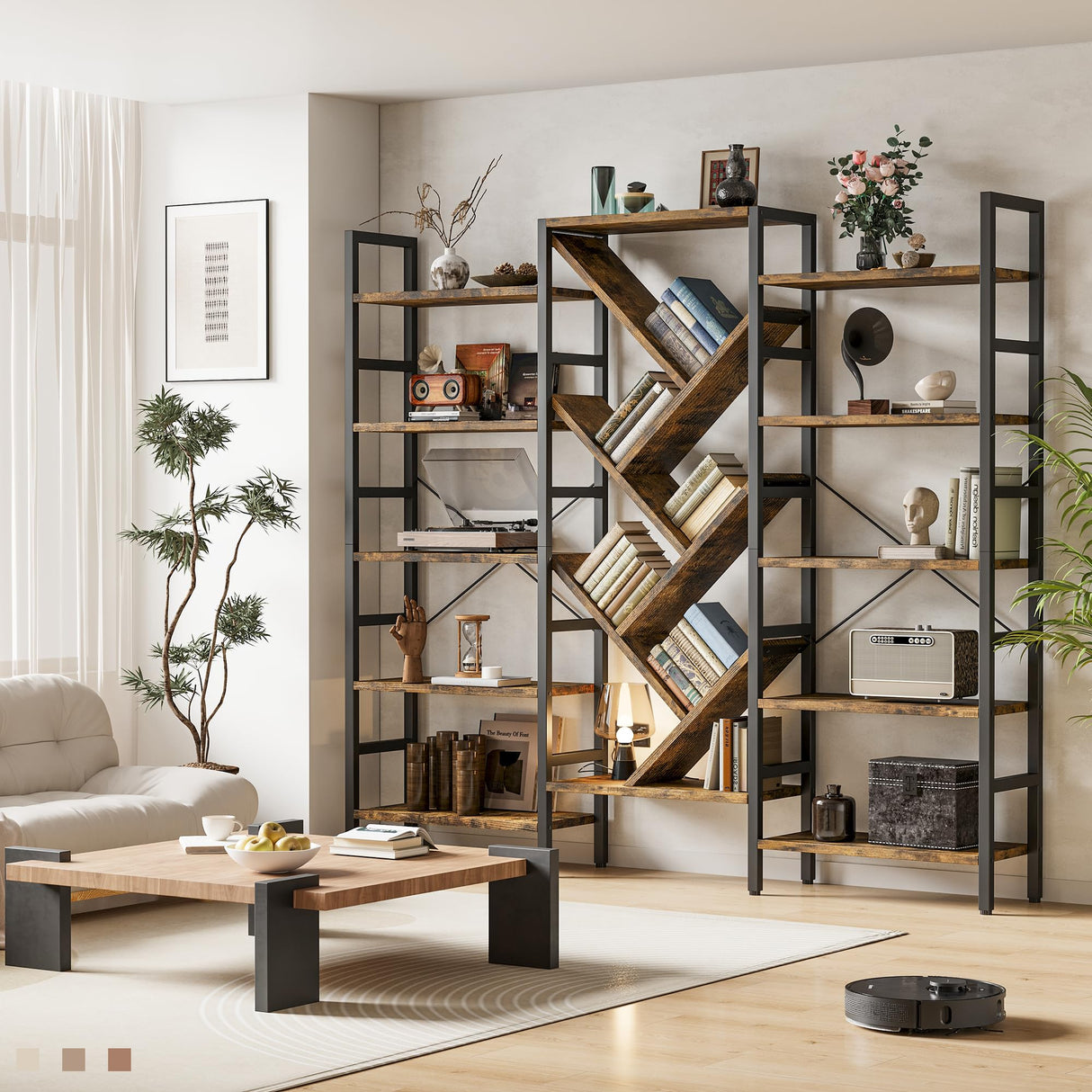 INNOD 70x70" Triple 5 Tier Book Shelf, Large Wooden Bookcase with 17 Open Display Shelf, Modern Tree Bookshelf Metal Frame Tall Book Case Furniture for Living Room Bedroom Home Office Rustic Brown INNOD