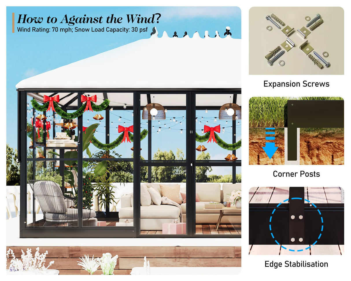 HOWE 14x9.5x9 FT Pavilion Styled Greenhouse with Clear Panels Double Swing Doors, 6 FT Wall Height Hybrid Polycarbonate Greenhouse, Green Houses for Outdoors, Sunroom Black HOWE