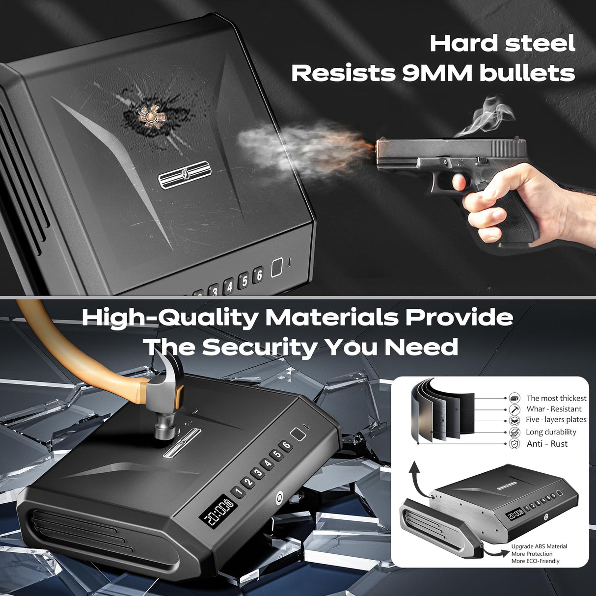 Large Gun Safe for 2-4 Pistols, Fingerprint Digital PIN Key Unlock with LCD Display & USB Port, 650 DPI Quick Access Biometric Handgun Safe, Hand Gun Lock Box for Home Drawer Car Bedside Nightstand TOPMEDA