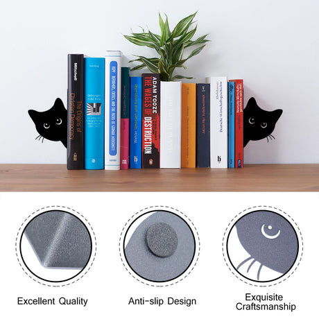 Bookends Metal Cat Book Ends, 1 Pairs Cute Bookends for Shelves Decorative for Home Office Desk Bookshelf Decor (Black, Full-face) TYLCC