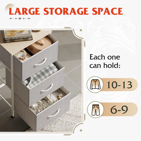 WLIVE Nightstand with 3 Drawers, Fabric Dresser, Organizer Unit, Storage Dresser for Bedroom, Hallway, Entryway, Closets, Sturdy Steel Frame, Wood Top, Easy Pull Handle, Light Grey WLIVE