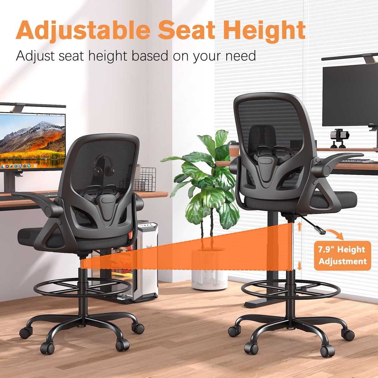 ORRSAKER Tall Drafting Chair with Lumbar Support and Footrest Ring, Supportive Tall Extended Height Ergonomic Desk Chair for Home Work, Breathable Tall Mesh Office Chair with Flip up Arms(Black) ORRSAKER