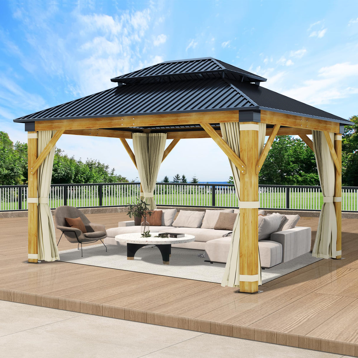 COVERONICS 11FT x 13FT Outdoor Cedar Wooden Gazebo - Patio Wood Frame Gazebo with Galvanized Steel Hardtop, Heavy-Duty Hardtop Gazebo with Netting & Curtains for Garden, Poolside, Deck, Backyard COVERONICS