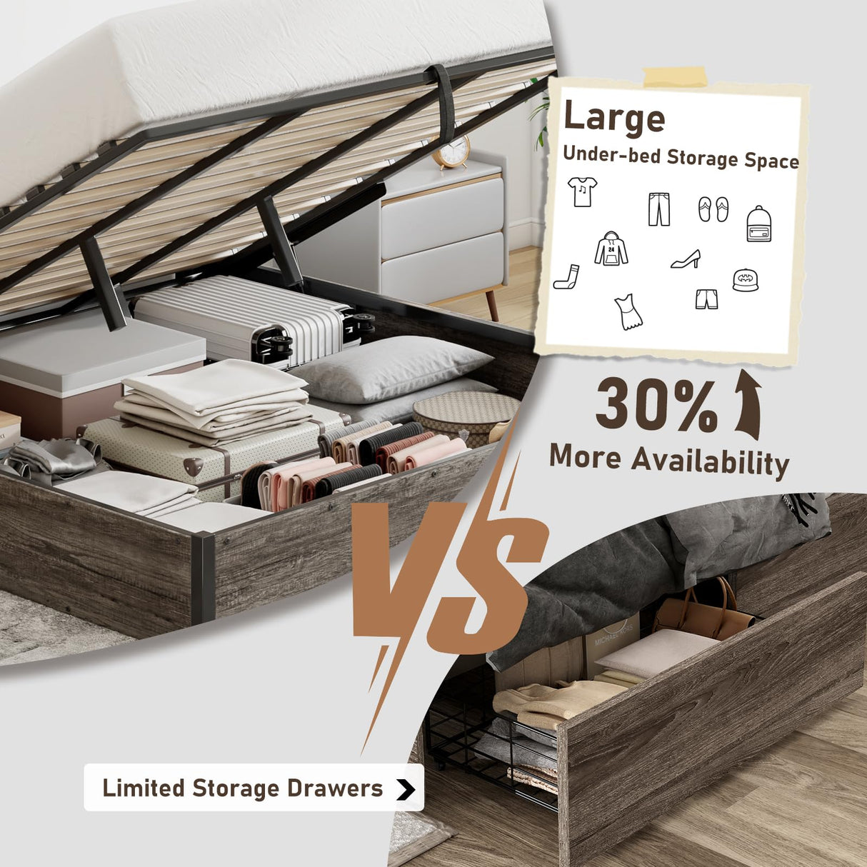 LUXOAK King Size Lift Up Storage Platform Bed Frame, Metal Bed Frame with Wooden Slats Support, No Box Spring Needed, Large Storage Space, Noise Free, Easy Assembly, Rustic Grey LUXOAK