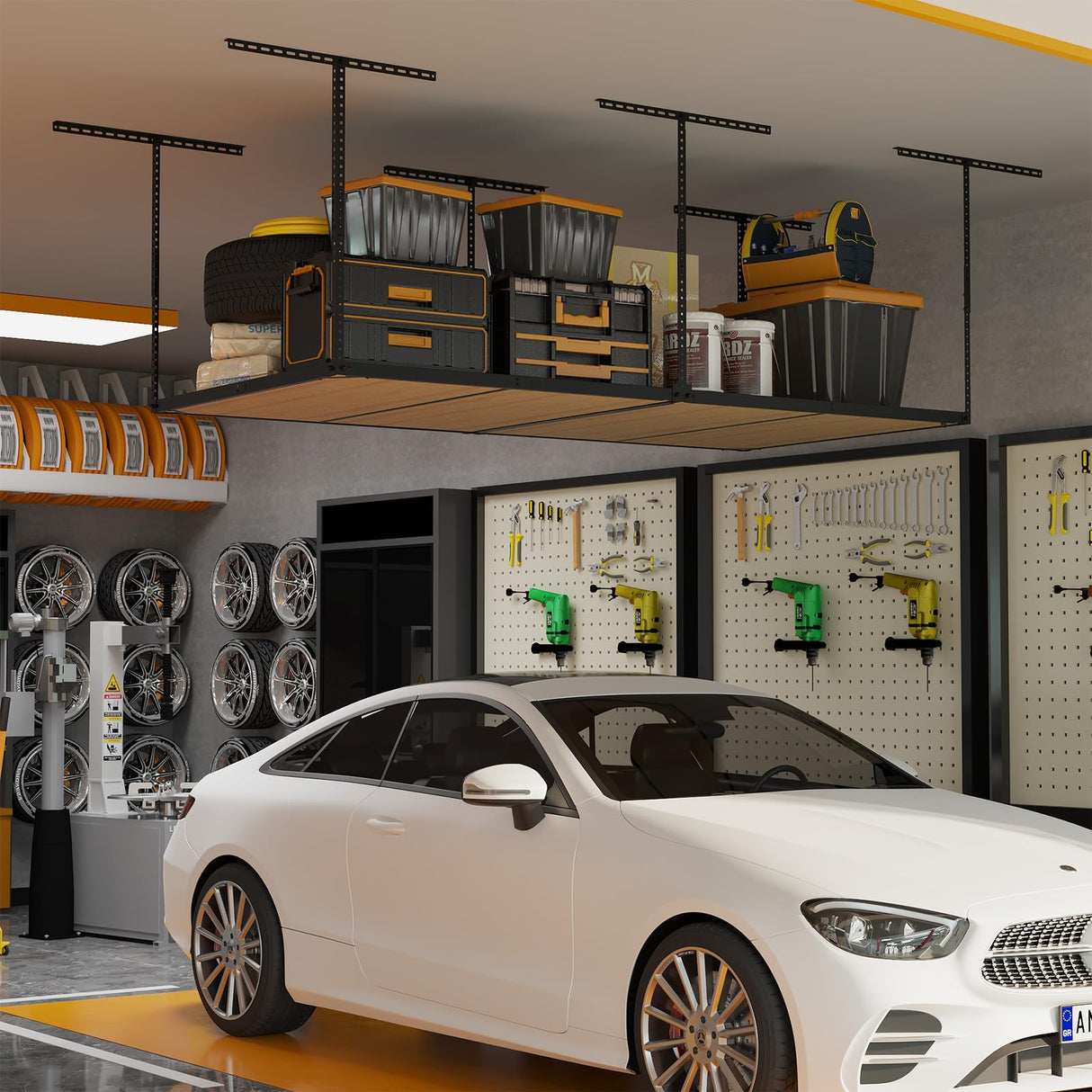 eShelf 4x8ft Overhead Garage Storage Rack Wooden Decking Not Included, Heavy Duty Metal Rack, Adjustable Ceiling Dropdown, 600lbs Weight Capacity (Black) eShelf