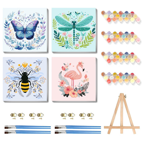 4 Pack Framed Paint by Numbers Kit for Adults Beginner, Small Easy Paint by Numbers with Easel, Dragonfly Acrylic Adult Painting by Number Kits on Canvas Framed for Gift Decor 8x8 Inch CraftCraze