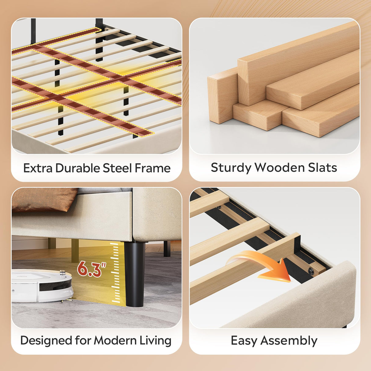 WLIVE King Size Upholstered Bed Frame, Velvet Square Tufted Headboard, Sturdy Metal & Wooden Slats Support, No Box Spring Needed, Beige WLIVE