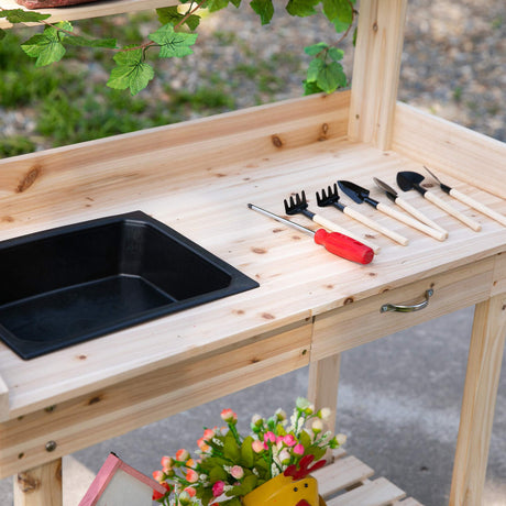 Outsunny 36'' Wooden Potting Bench Work Table with 2 Removable Wheels, Sink, Drawer & Large Storage Spaces, Natural Outsunny