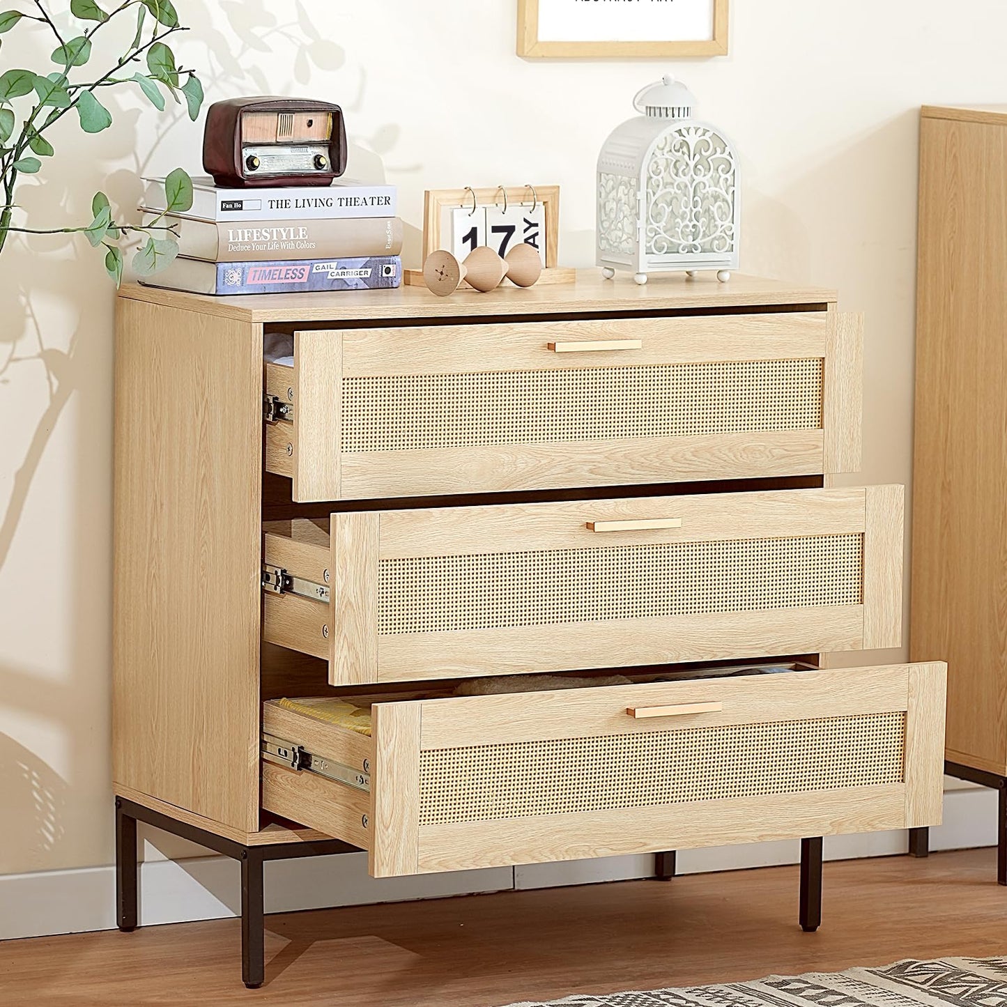 CCF Rattan Dresser 3 Drawer Dresser for Bedroom Mid Century Modern Dresser Natural Rattan Chest of Drawer Light Wood Dresser Boho Dressers for Entryway,Bedroom,Living Room,，Hallway，31.5'*31.5 - WoodArtSupply