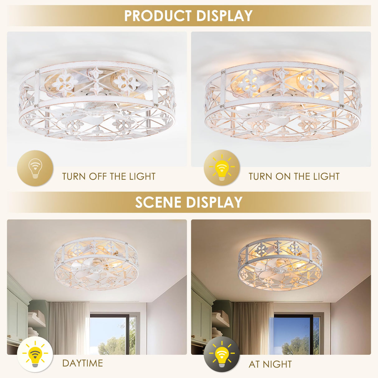 ZYD Caged Ceiling Fan with Light, 20" Ceiling Fan with Lights and Remote Flush Mount, Bladeless Caged Ceiling Fan with Light, Rust White Farmhouse Ceiling Fan for Bedroom, Kitchen, Dining Room ZYD