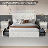 LED Queen Bed Frame with 4 Storage Drawers and Adjustable Headboard, Modern Velvet Upholstered Platform Bed Frame Queen Size with Charging Station, Wooden Slats Support, No Box Spring Needed, White QFP