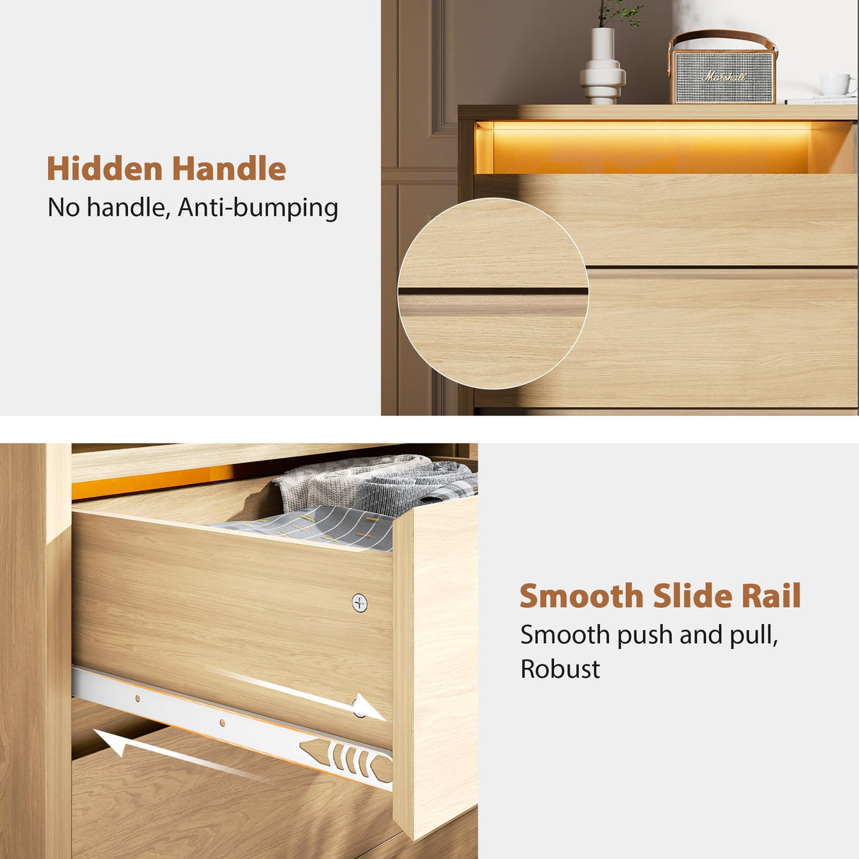 Jocoevol Modern 6 Drawer Dresser for Bedroom with LED Light, Large Chest of Drawers with Hidden Handles, Double Wooden Dresser Closet for Living Room, Entryway, Hallway - Natural Wood Jocoevol