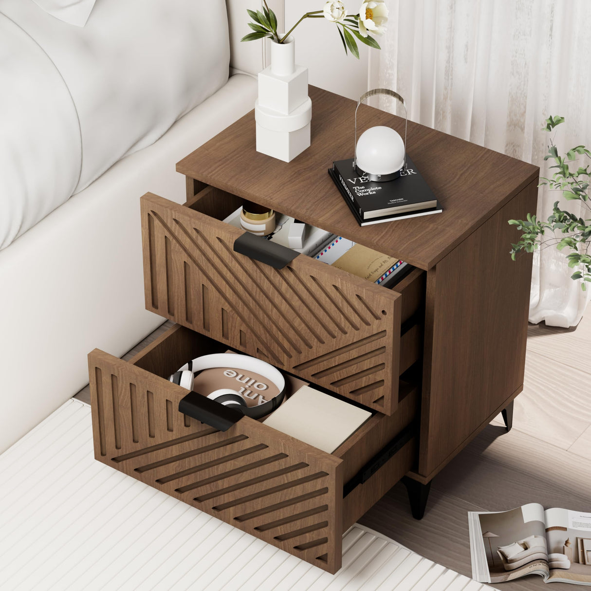 Royal Windsor Fluted Nightstand Set of 2 with 2 Drawers, Side End Table, Small Accent Storage Cabinet,Modern Night Stand Bedside Table for Bedroom, Brown Royal Windsor